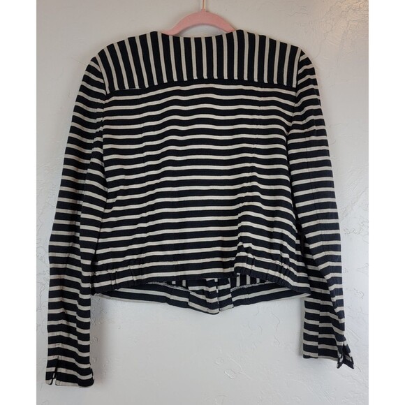 LOFT Womens Sz M Striped Cotton Moto Biker Jacket Black Asymmetrical Full Zip - Picture 2 of 6